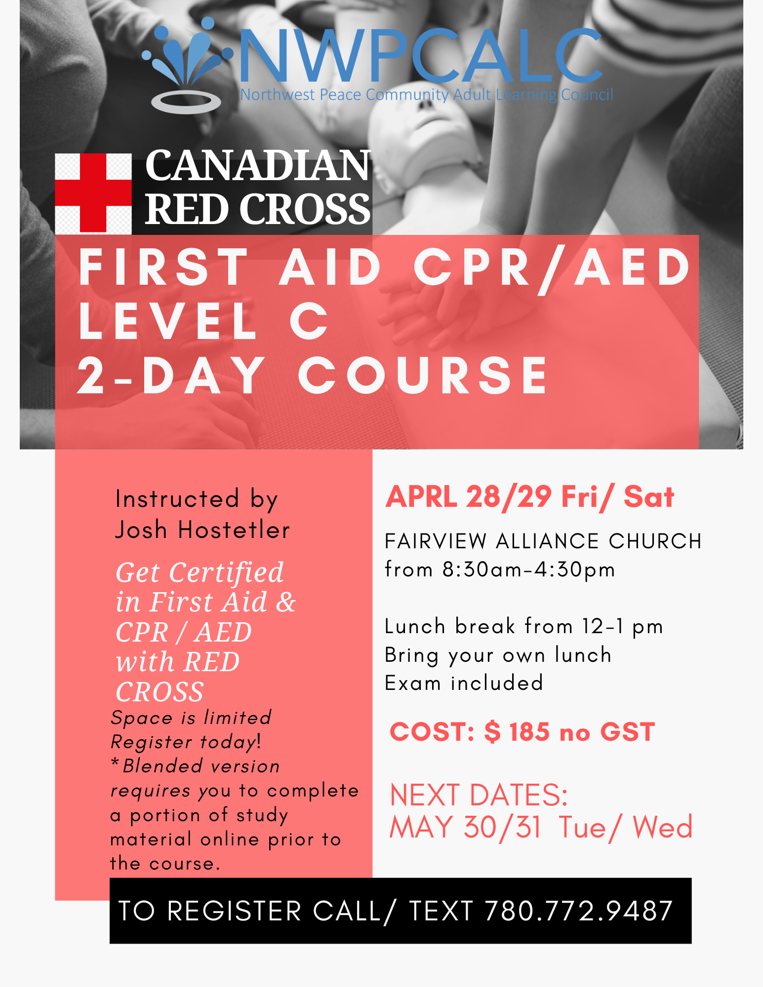 Canadian Red Cross First Aid CPR/AED LEVEL C 2day TRAINING FRI, SAT